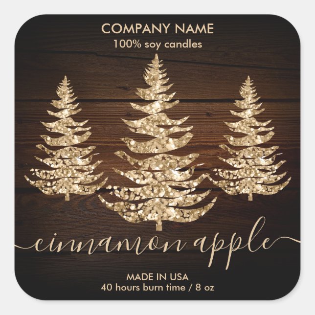 Rustic Gold Wood Christmas Tree Candle Label Quadratischer Aufkleber (Vorderseite)