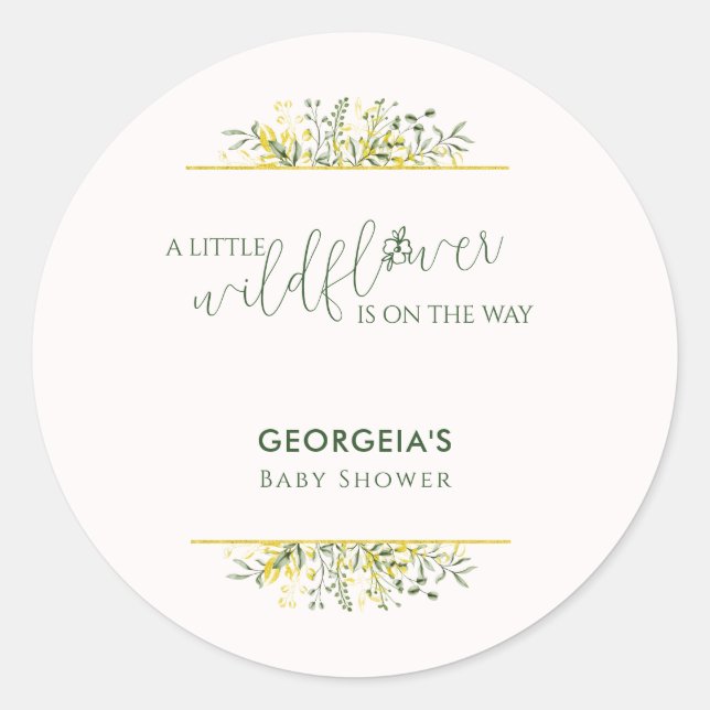 Rustic Golden Frame Wildflower on Way  Baby Shower Runder Aufkleber (Vorderseite)