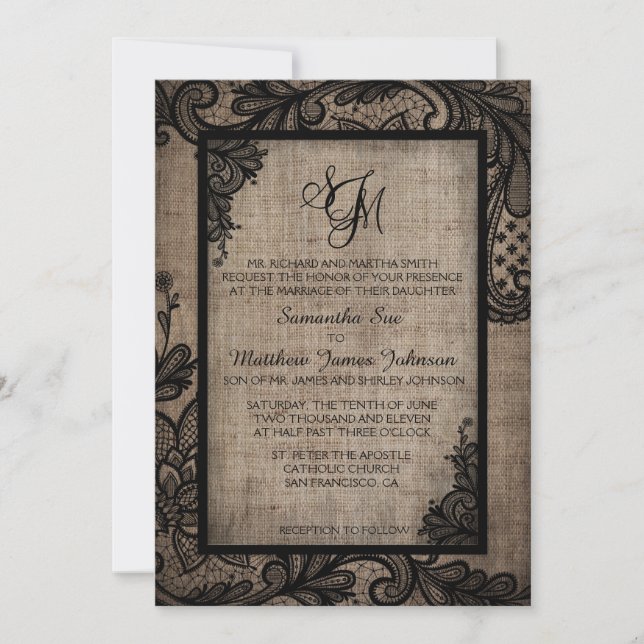 Rustic Goth Black Lace Burlap Wedding Einladung (Vorderseite)