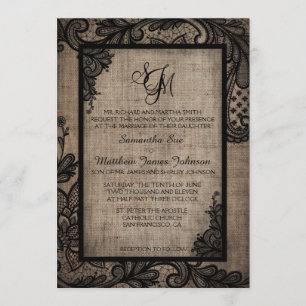 Rustic Goth Black Lace Burlap Wedding Einladung