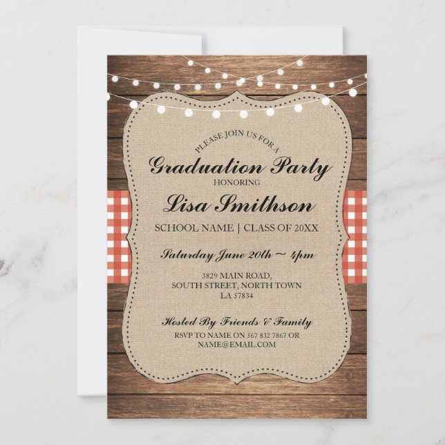 Rustic Graduation Party Red Check Invitation bois (Devant)