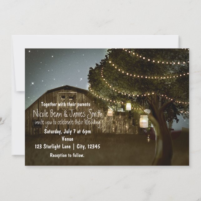 Rustic Grange & Arbre Lumières Mariage Invitations (Devant)
