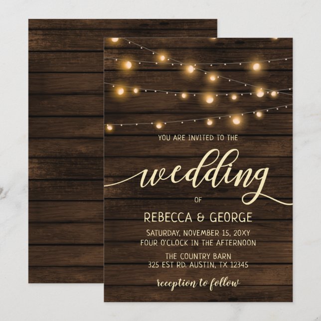 Rustic Grange Bois Chaîne lumières invitations de  (Devant / Derrière)