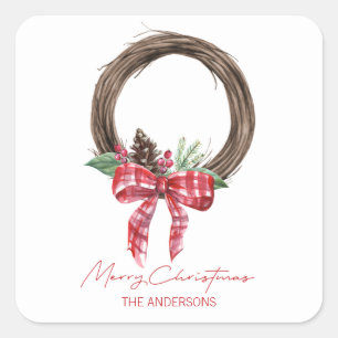 Rustic Grapevine Wreath Frohe Weihnachten Quadratischer Aufkleber