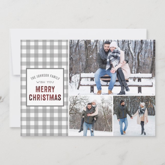 Rustic Gray Gingham Frohe Weihnachten (Vorderseite)