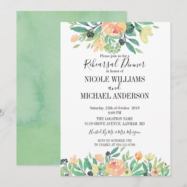 RUSTIC Green Aquarell Probe Dinner Einladung (Vorne/Hinten)