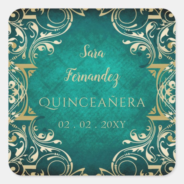 Rustic Green Gold Elegante Quinceanera Quadratischer Aufkleber (Vorderseite)