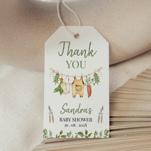 Rustic Green Locally Grown Baby Shower Geschenkanhänger (Locally Grown baby Shower Gift Tag, Locally Grown Farmers Market Baby Shower Gift Tag, Clothesline)