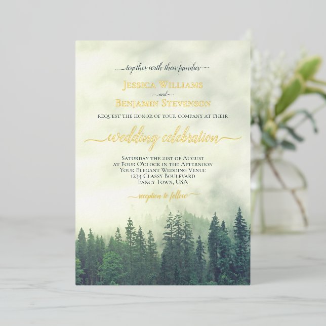 Rustic Green Pine Trees Elegant Wedding  Folieneinladung (Stehend vorne)