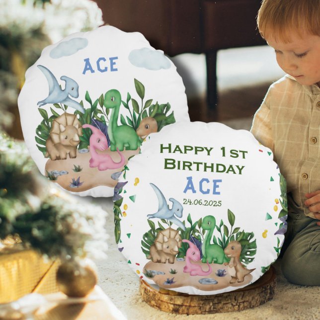 Rustic Greenery Baby Dinosaurs Wild One Birthday Rundes Kissen (Von Creator hochgeladen)