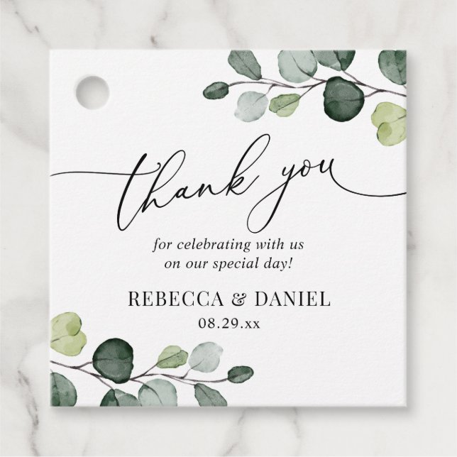 Rustic Greenery Eucalyptus Monogram Vielen Dank Geschenkanhänger (Vorderseite)