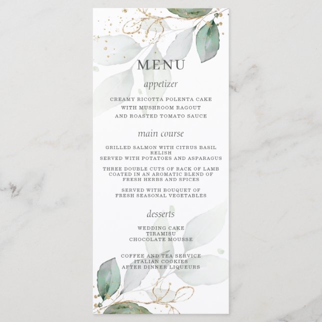 Rustic Greenery Gold Feuille Menu Mariage (Devant)