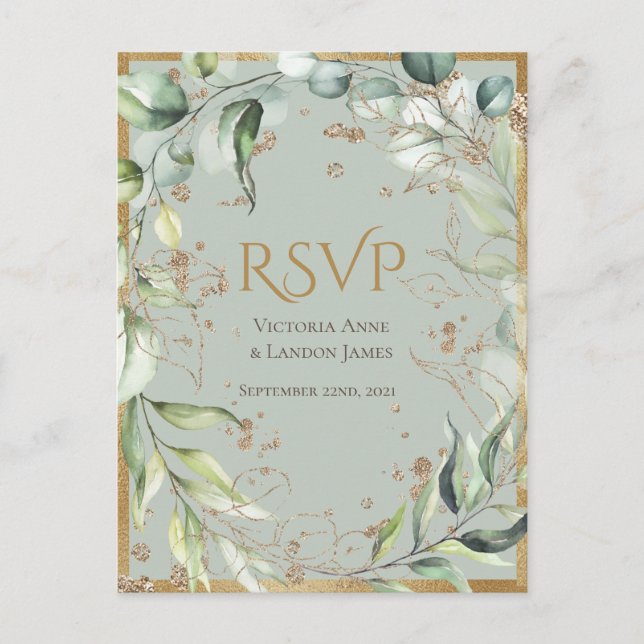Rustic Greenery Gold Glitzer Wedding RSVP Postkarte (Vorderseite)