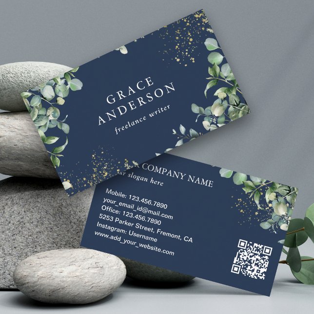 Rustic Greenery Gold Navy Blue Eucalyptus QR Code Visitenkarte (Von Creator hochgeladen)