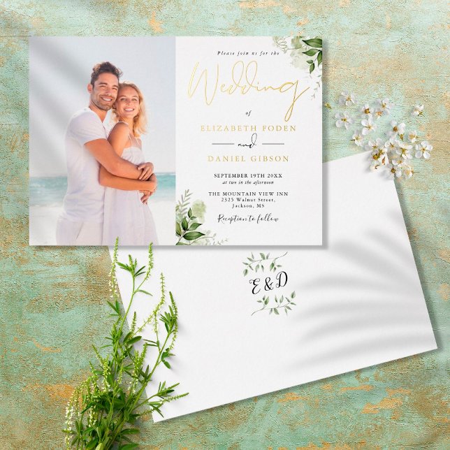 Rustic Greenery Monogram Foto Wedding Gold Folieneinladung (Von Creator hochgeladen)