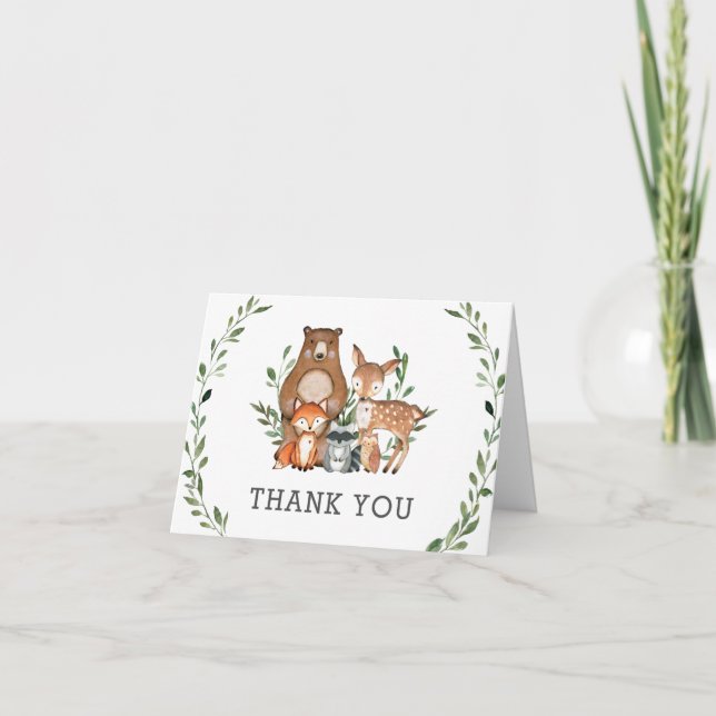 Rustic Greenery Woodland Animals Baby Shower Dankeskarte (Vorderseite)
