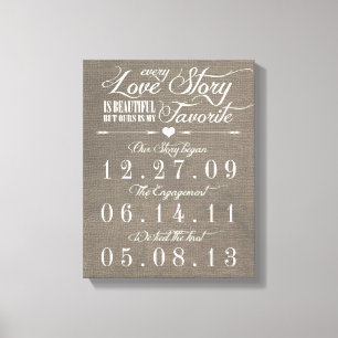Rustic Grey Burlap Story Wedding Date Leinwand