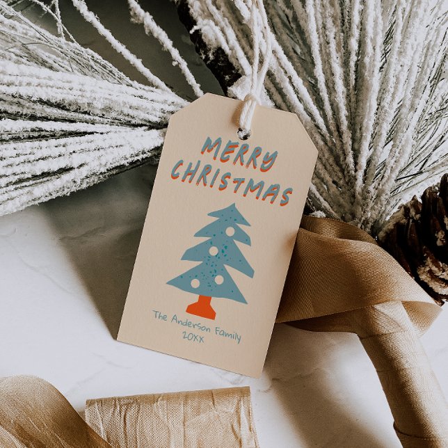 Rustic Hand Drawn Blue Christmas Tree Funky Geschenkanhänger (Von Creator hochgeladen)