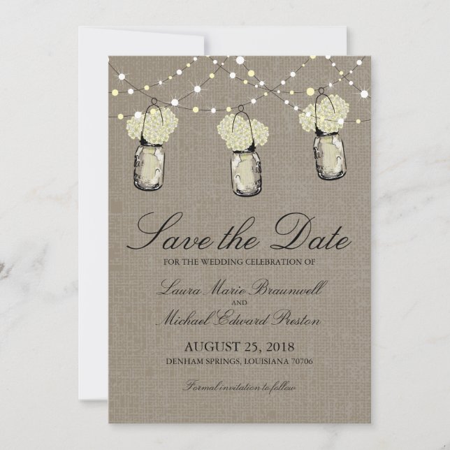 Rustic Hanging Mason Jar Hydrangea Save the Date (Vorderseite)