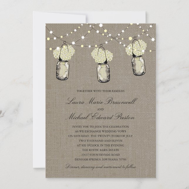 Rustic Hanging Mason Jar Hydrangea Wedding Einladung (Vorderseite)