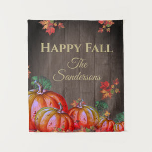 Rustic Happy Fall Orange Pumpkin Herbstlaubs Wood Wandteppich
