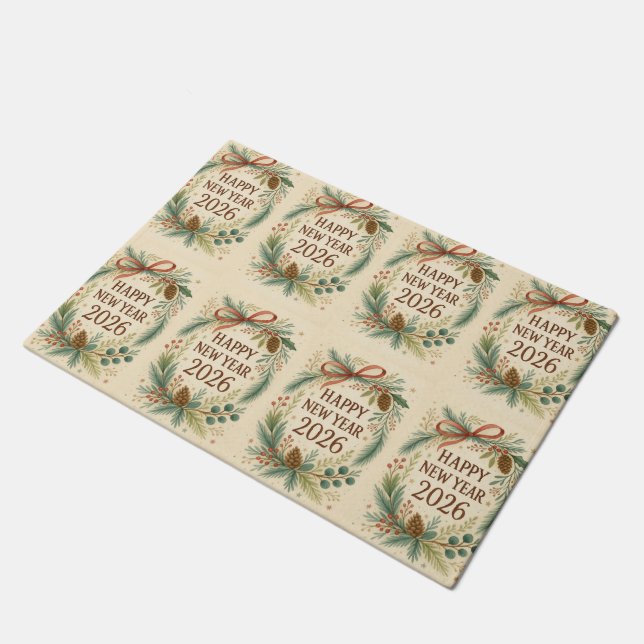 rustic happy new year 2026 welcome mat fußmatte (Schrägansicht)