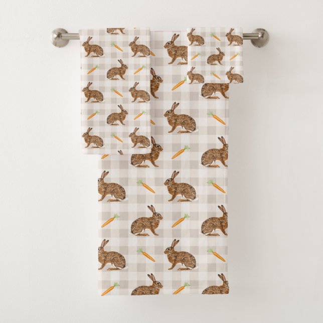 Rustic Hares And Carrots Beige Gingham Pattern Badhandtuch Set (Insitu)