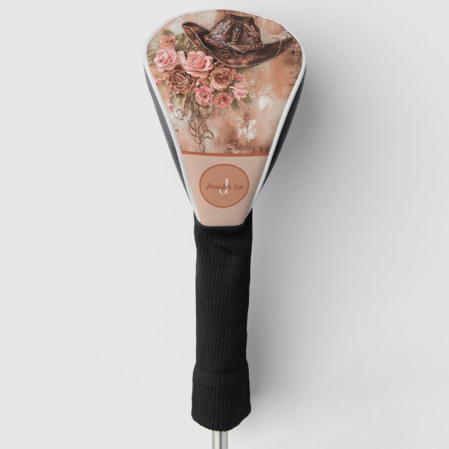 Rustic Hat Blush Pink Flowers Personalized Golf Headcover (Vorderseite)