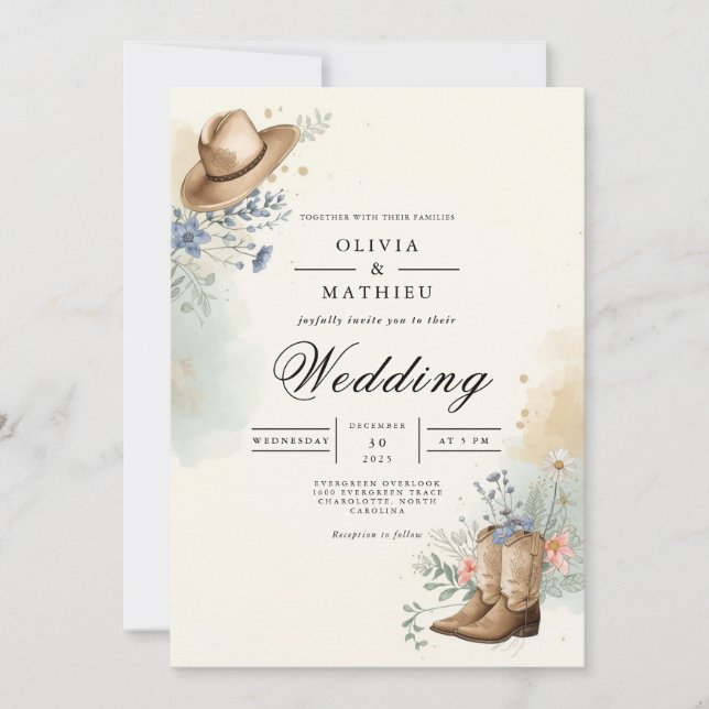 Rustic Hat Floral Romance Wedding Einladung (Vorderseite)