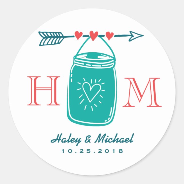 Rustic Heart Mason Jar Monogram Wedding Sticker (Vorderseite)