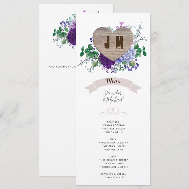 Rustic Heart Wedding Menu Blaue Aquarellfarben Blu Einladung (Vorne/Hinten)