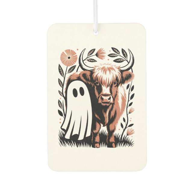 Rustic Highland Cow Ghost Halloween Autolufterfrischer (Vorderseite)