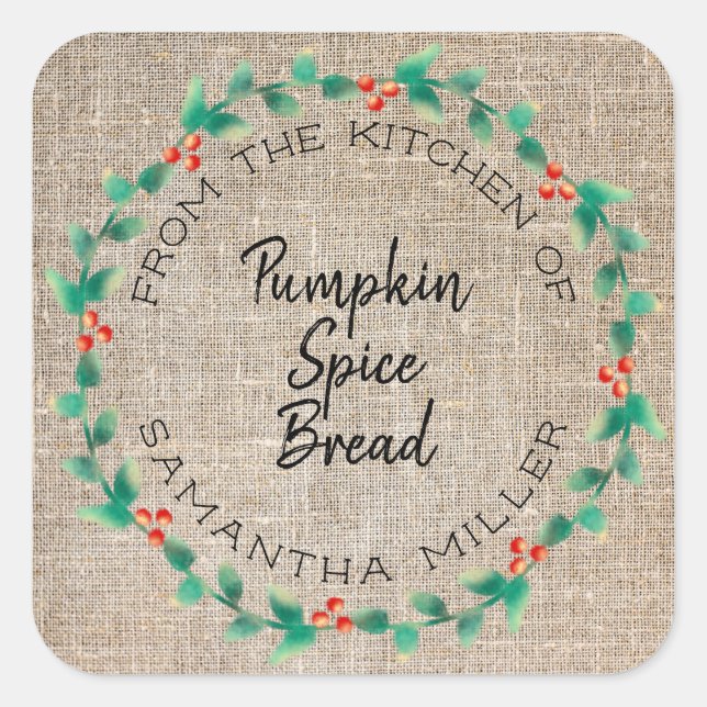 Rustic Holiday Holly Wreath Kitchen Leckereien Ges Quadratischer Aufkleber (Vorderseite)