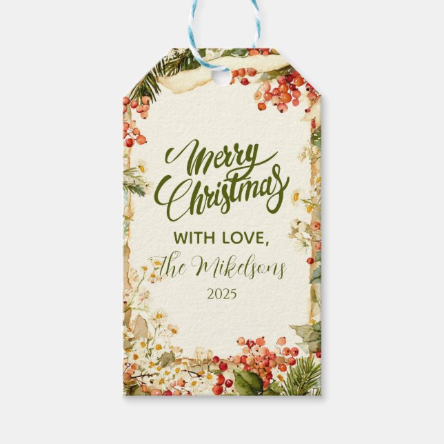 Rustic Holly Berry Christmas Geschenkanhänger (Vorderseite)