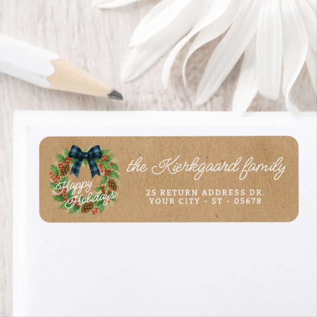 Rustic Holly Wreath Blue Checkered Bow (Insitu)