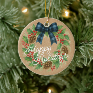 Rustic Holly Wreath Blue Checkered Bow Keramik Ornament
