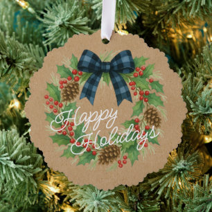 Rustic Holly Wreath Blue Checkered Bow Ornament Karte