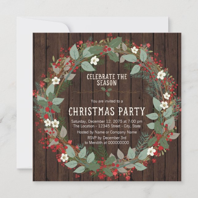Rustic Holly Wreath Christmas Party Einladung (Vorderseite)