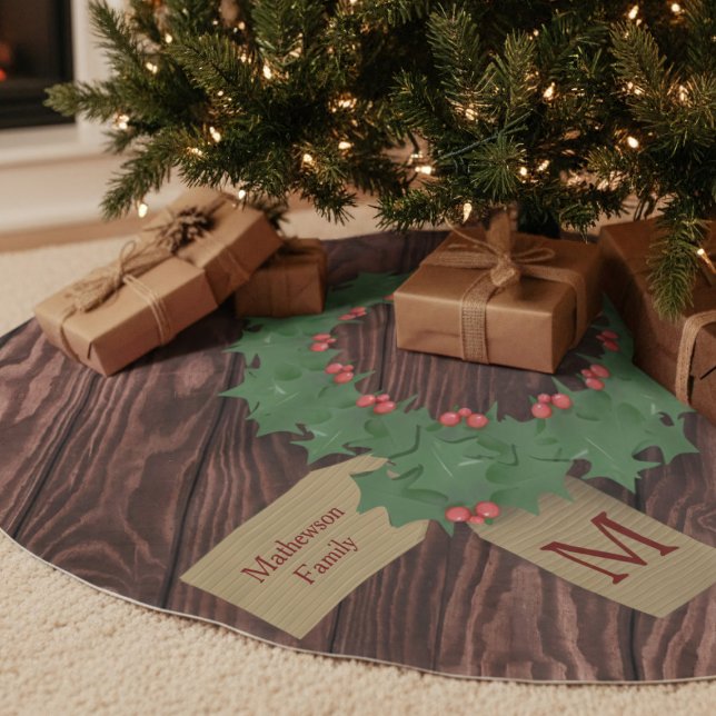 Rustic Holly Wreath Monogram Christmas Tree Skirt Polyester Weihnachtsbaumdecke (Add a touch of rustic charm to your Christmas tree. Add your family name and initial)