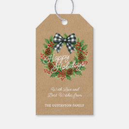 Rustic Holly Wreath White Black Checkered Bow Geschenkanhänger