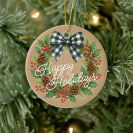 Rustic Holly Wreath White Black Checkered Bow Keramik Ornament