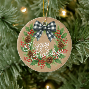 Rustic Holly Wreath White Black Checkered Bow Keramik Ornament