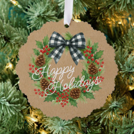 Rustic Holly Wreath White Black Checkered Bow Ornament Karte