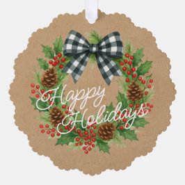 Rustic Holly Wreath White Black Checkered Bow Ornament Karte