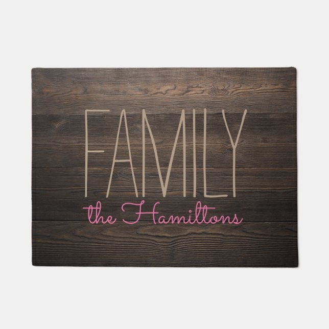 Rustic HOLZ Chic Family Monogram GRAU AND PINK Fußmatte (Vorderseite)