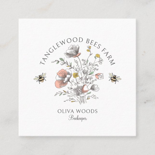 Rustic Honey Bee Florals Apiary Beekeeper Honey Quadratische Visitenkarte (Vorderseite)