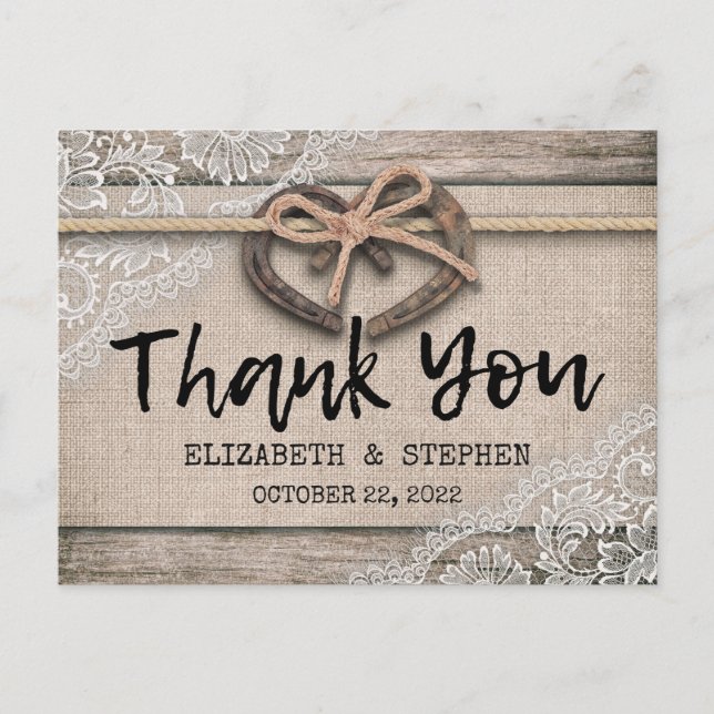 Rustic Horseshoes Burlap Lace Wedding Vielen Dank Postkarte (Vorderseite)