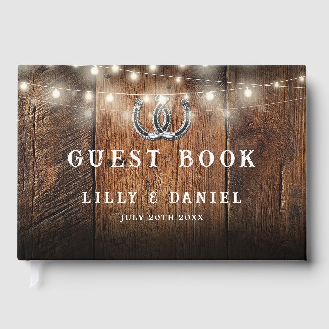 Rustic Horseshoes String Lights Barn Wood Wedding Gästebuch (Vorderseite)