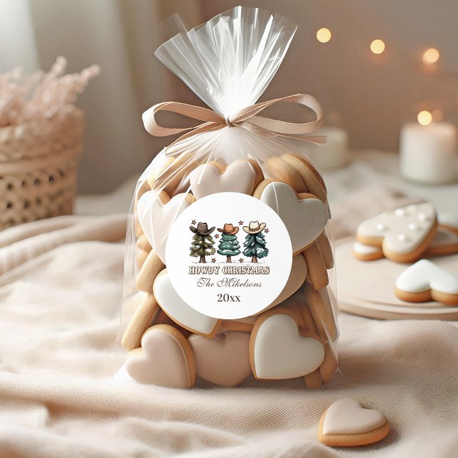 Rustic Howdy Christmas Cowboy Hat Family Runder Aufkleber (Von Creator hochgeladen)