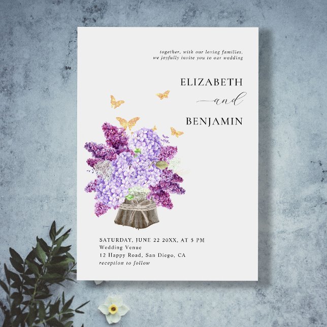Rustic Hydrangea Lilac Butterfly Gold Boho Wedding Einladung (Von Creator hochgeladen)